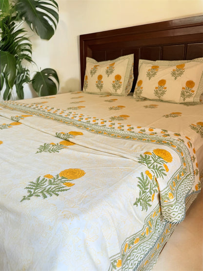 Yellow marigold Garden Mul Mul Cotton Handblock Printed Dohar