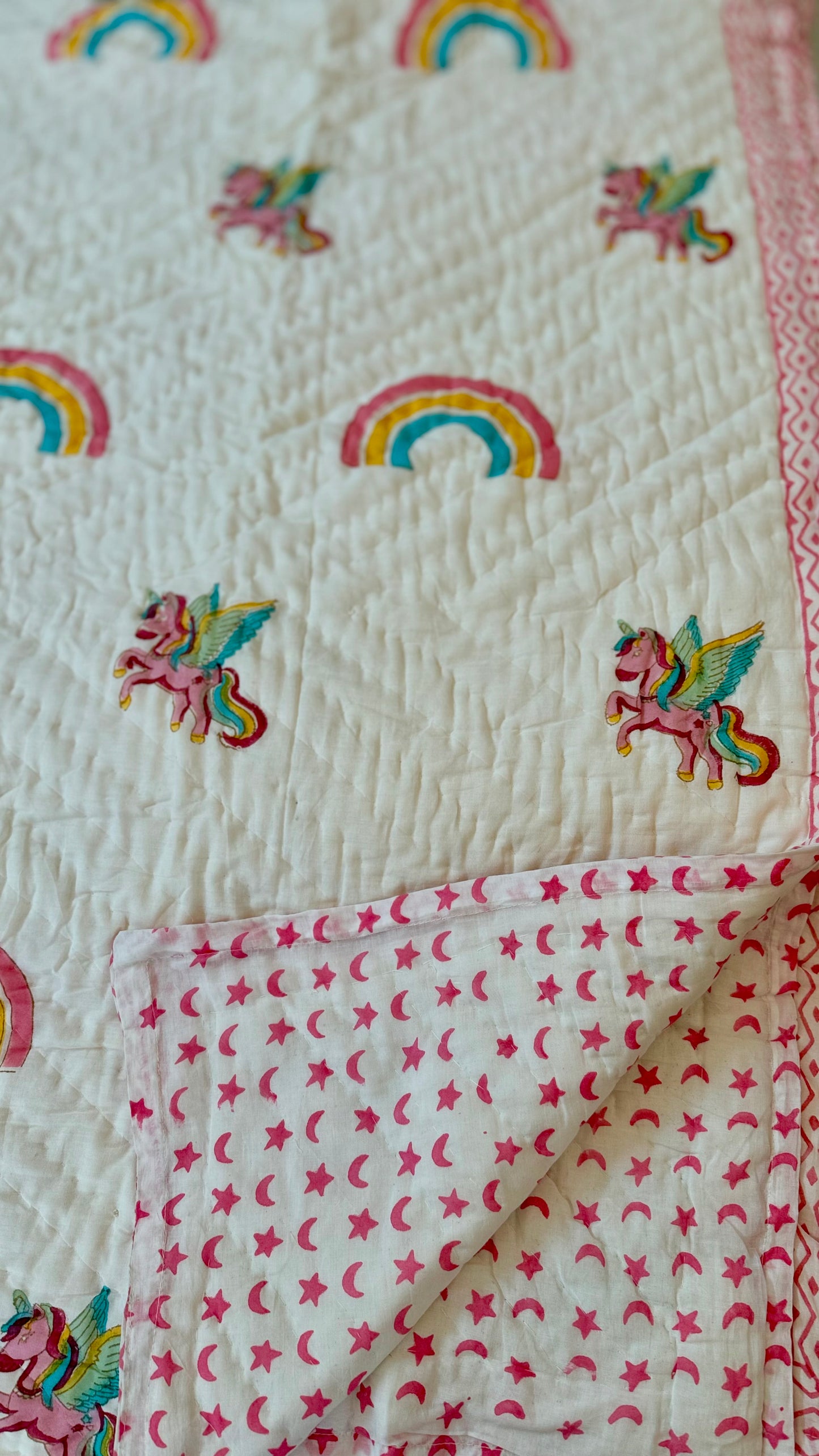 Unicorn Rainbow Handblock Print Mul Mul Cotton Quilt