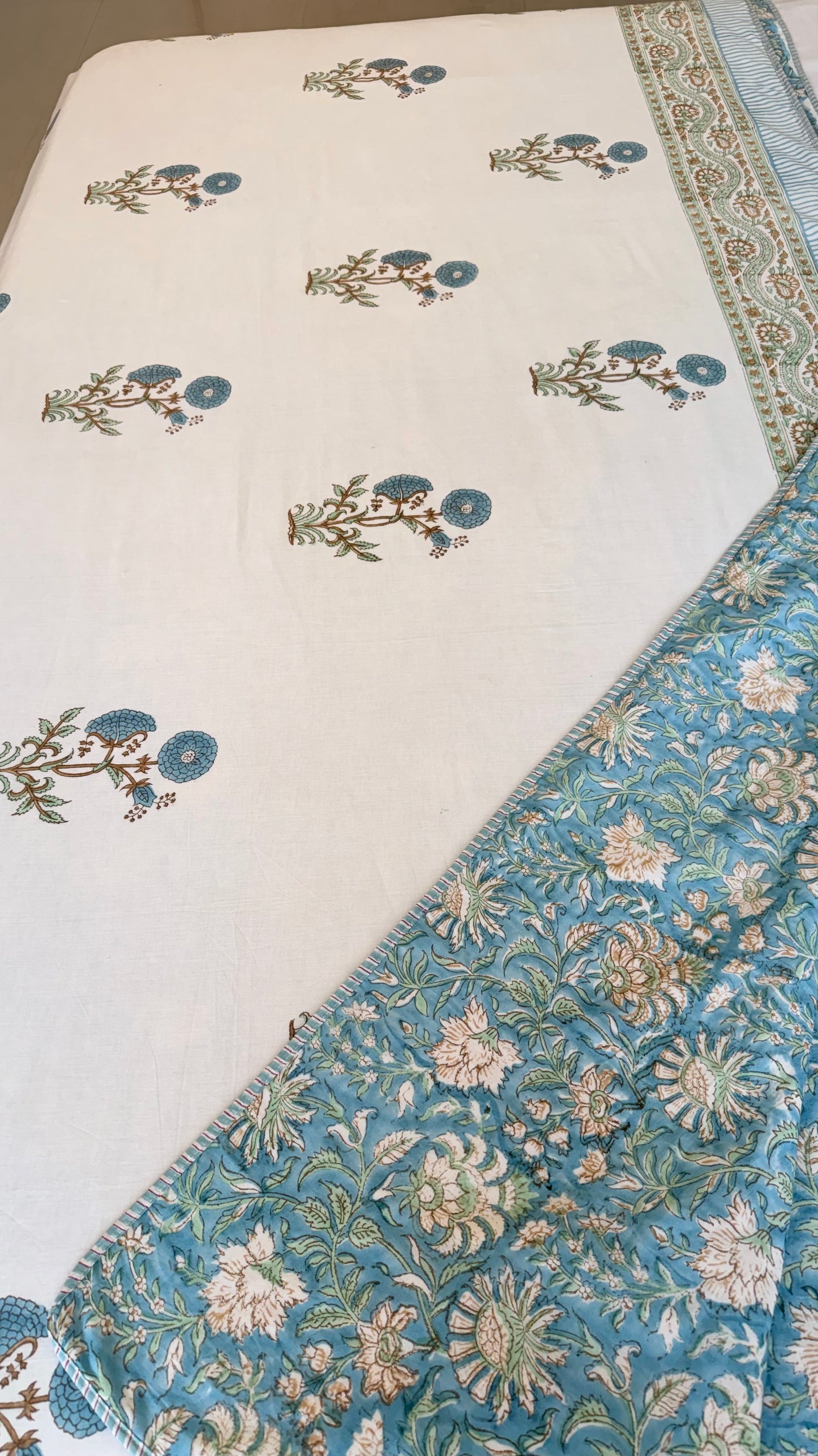 Blue Mughal Garden Mul Mul Cotton Handblock Printed Dohar
