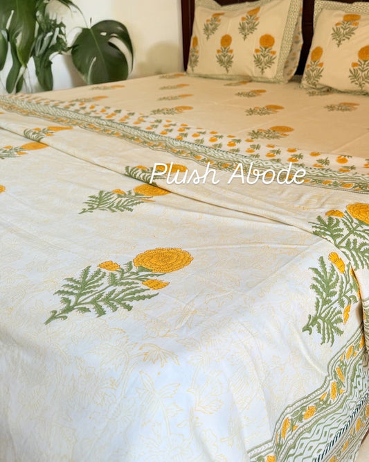 Yellow marigold Garden Mul Mul Cotton Handblock Printed Dohar