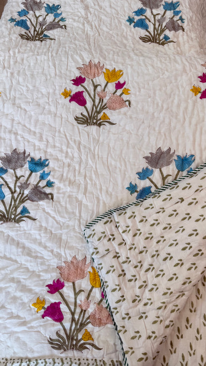 Royal Lotus Bloom Handblock Print Mul Mul Cotton Quilt
