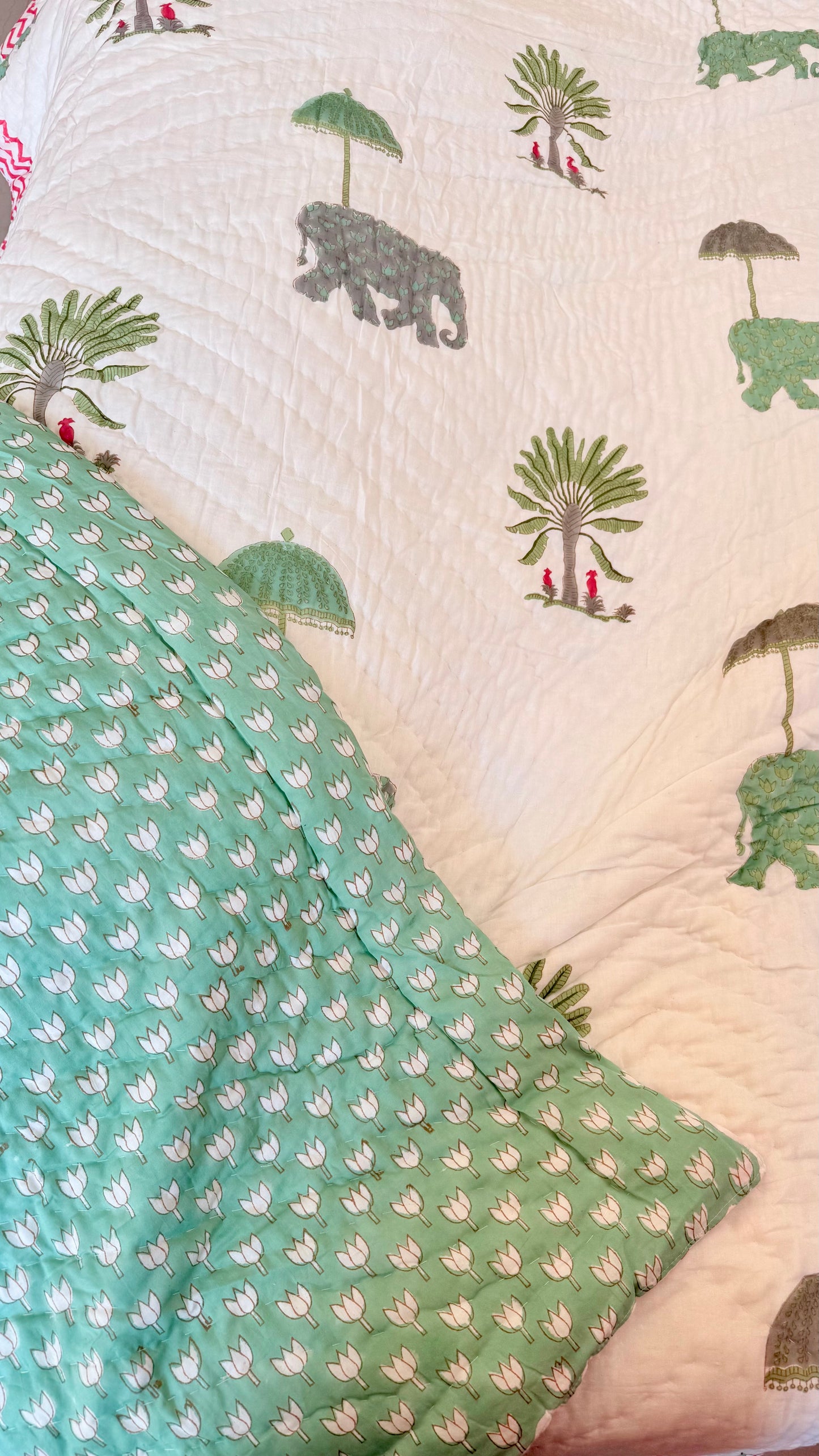 Elephant Garden Mul Mul Cotton Handblock Printed Quilt