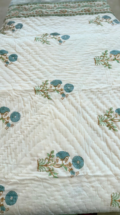 Blue Mughal Garden Mul Mul Cotton Handblock Printed Quilt