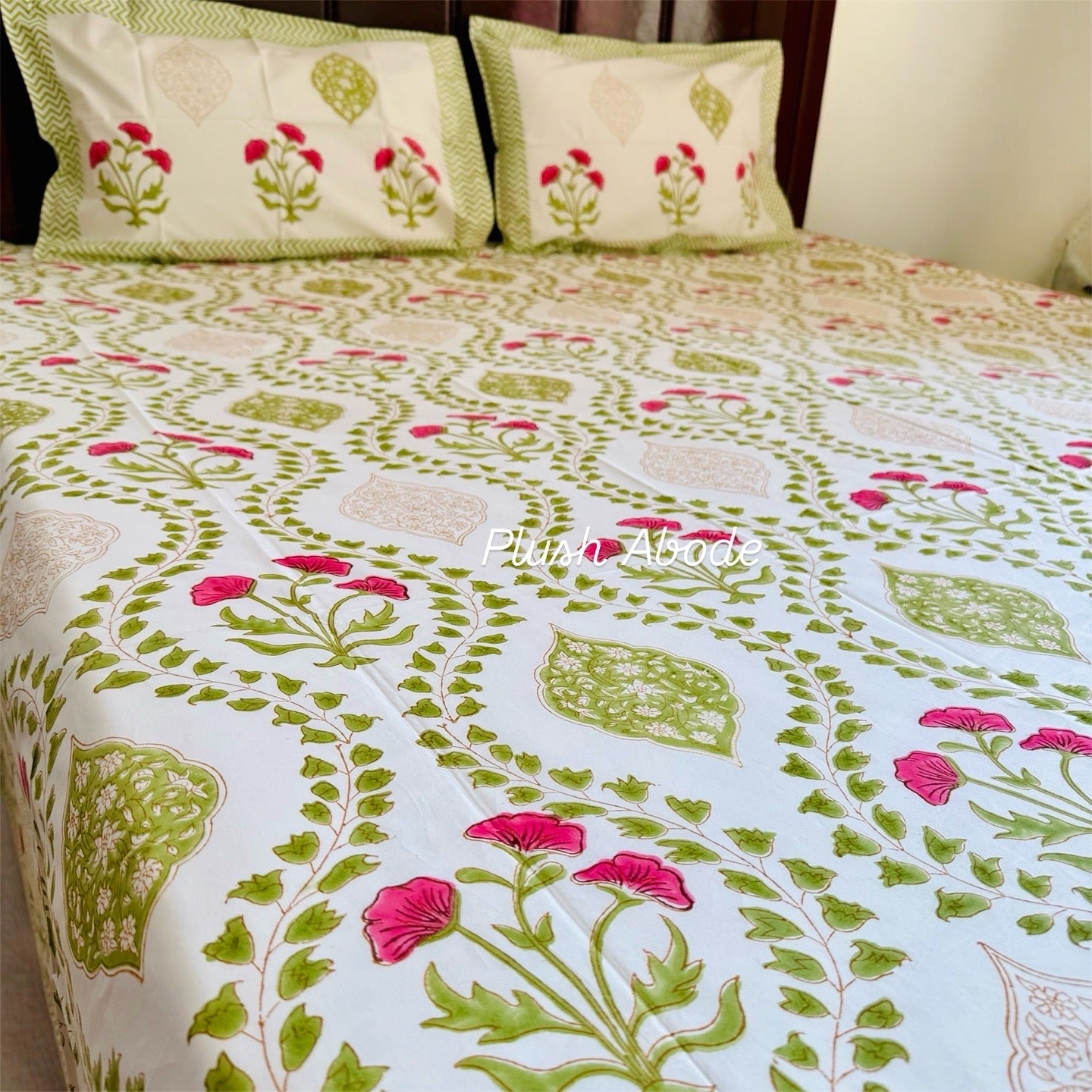 Green Floral Jaal Handblock Printed Cotton Bedsheet