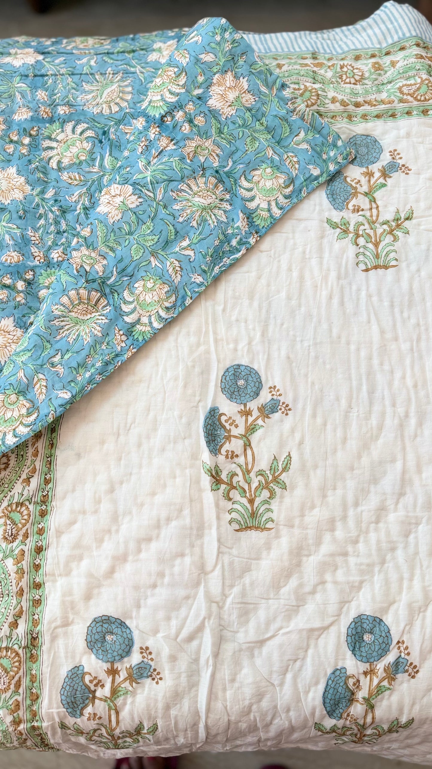 Blue Mughal Garden Mul Mul Cotton Handblock Printed Quilt