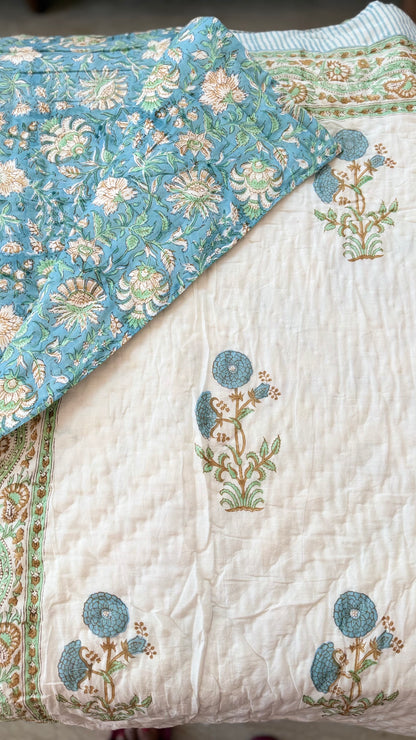 Blue Mughal Garden Mul Mul Cotton Handblock Printed Quilt