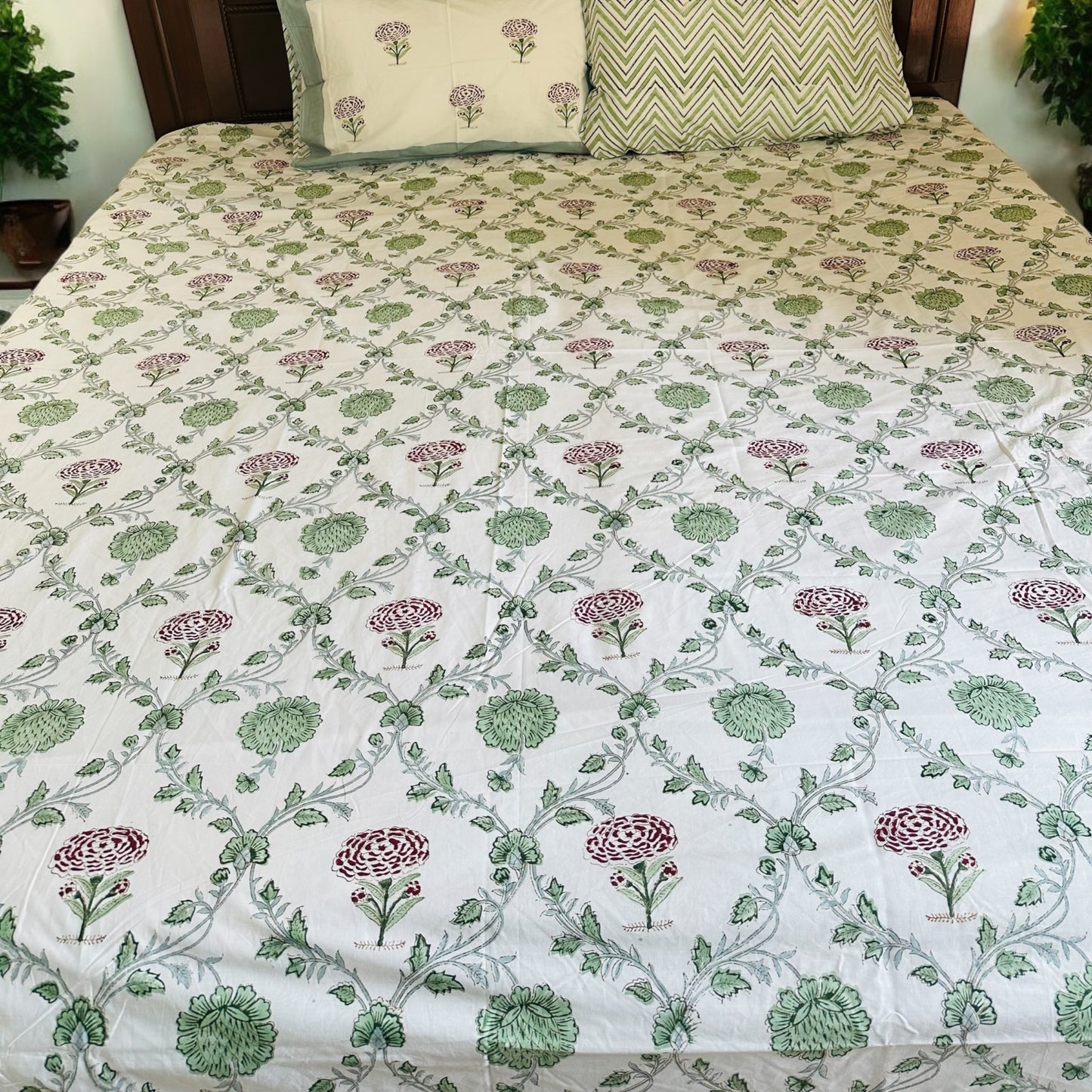 Green Blossom Handblock Printed Bedsheet