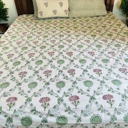 Green Blossom Handblock Printed Bedsheet