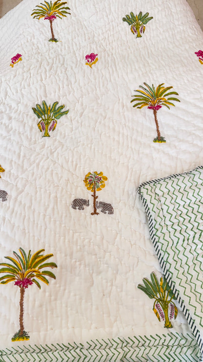 Palm Oasis Handblock Print Mul Mul Cotton Quilt
