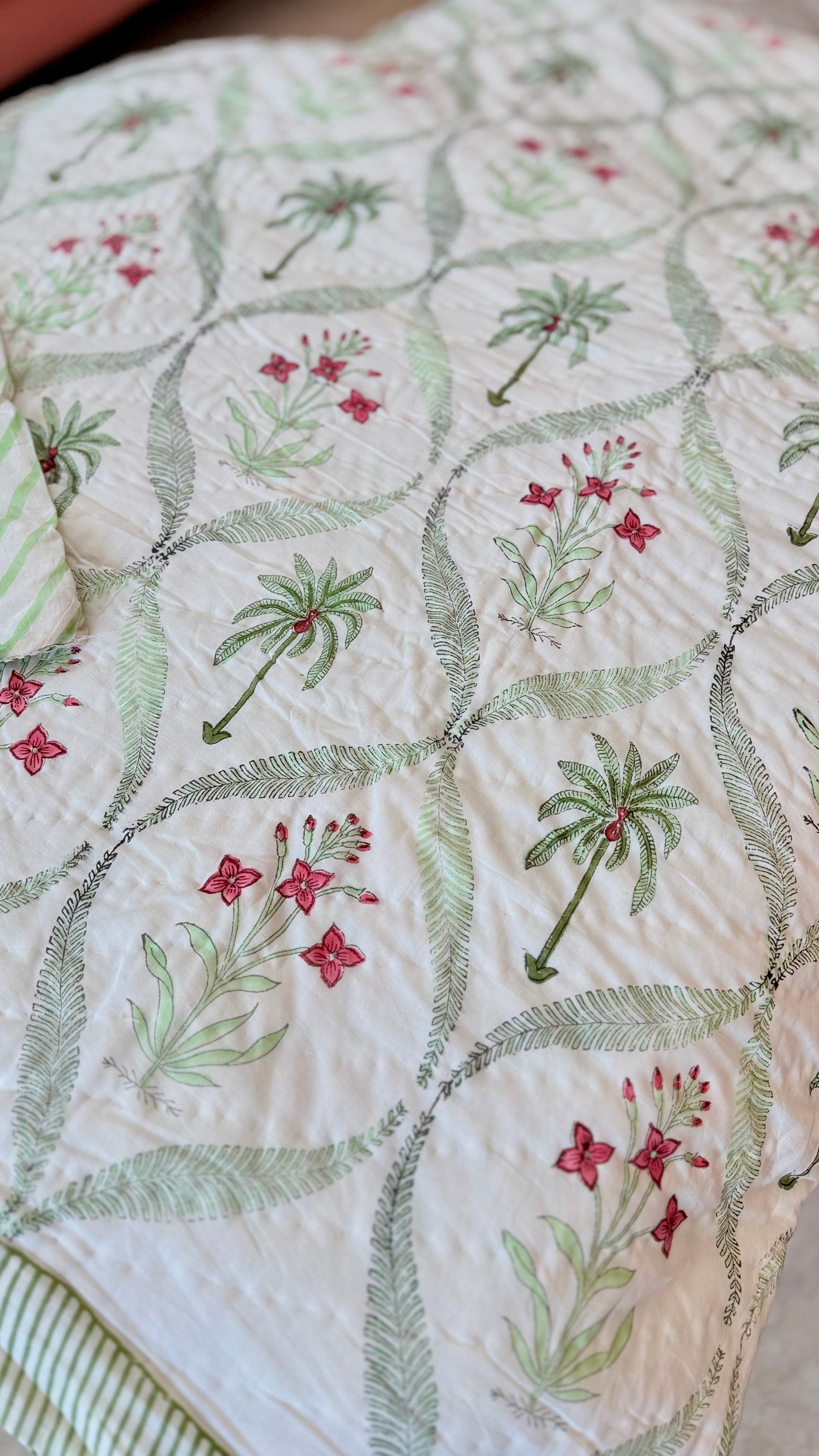 Tropical Palm Grove Mul Mul Cotton Handblock Printed Quilt