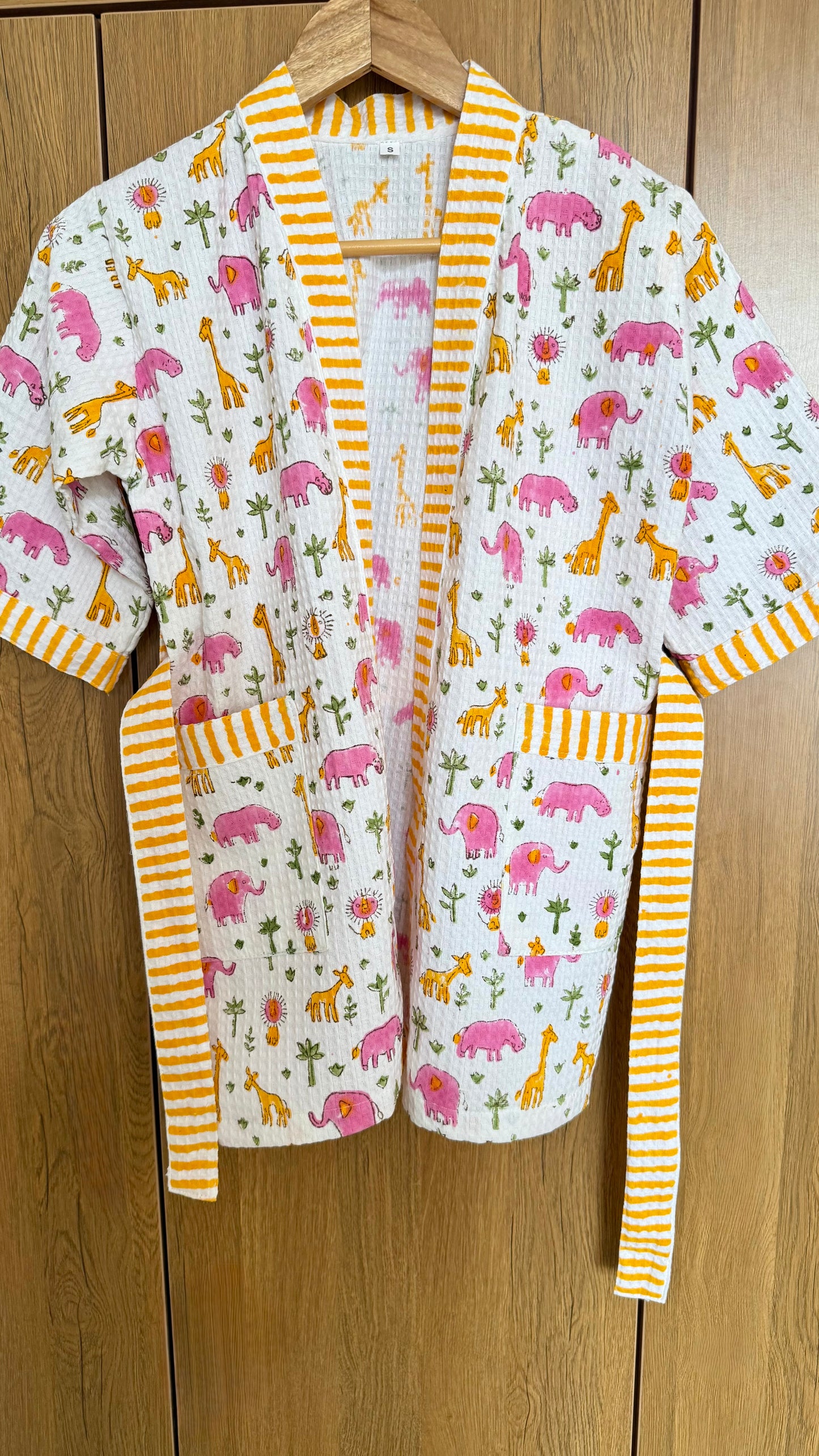 Kids Bathrobe Pink Yellow Giraffe & Elephant Design