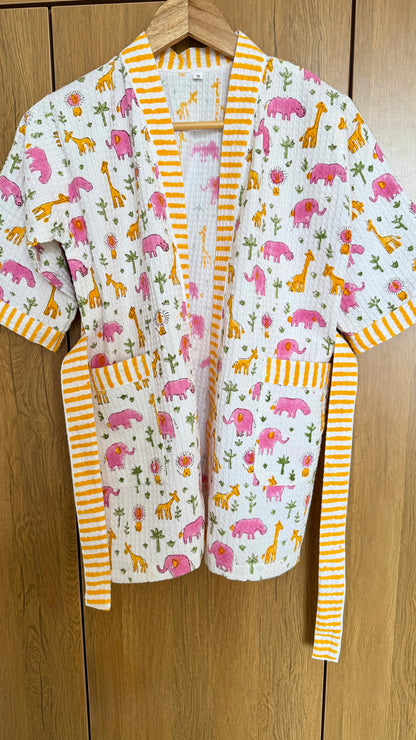 Kids Bathrobe Pink Yellow Giraffe & Elephant Design