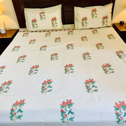 Blush Pomegranate Bloom Handblock Printed Cotton Bedsheet