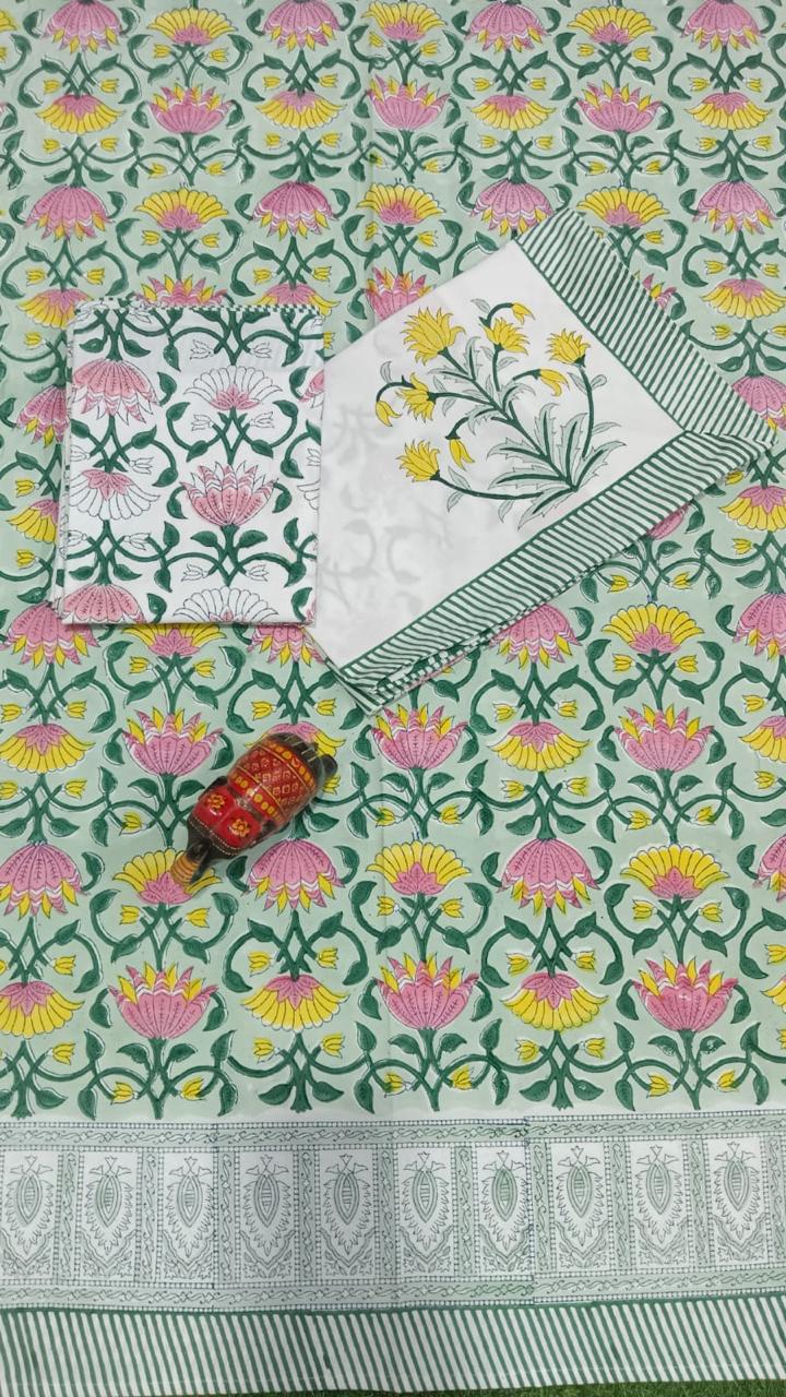 Spring Lotus Garden Handblock Printed Cotton Bedsheet
