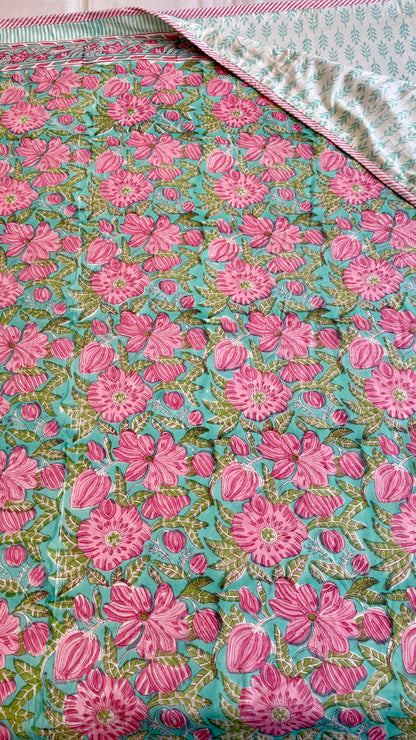 Pink Flora Handblock Print Mul Mul Cotton Dohar