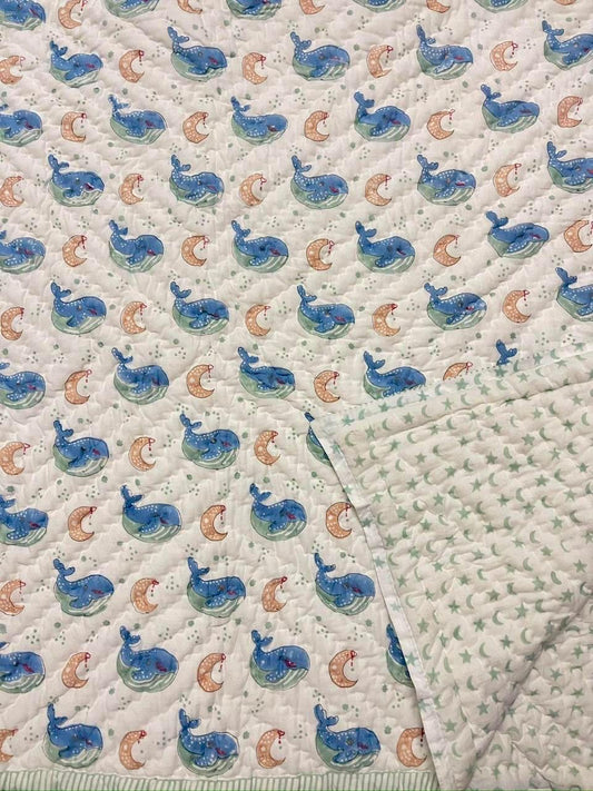 Whale Wishes Handblock Print Mul Mul Cotton Quilt
