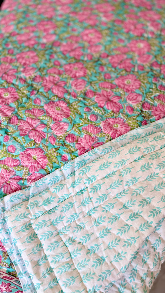 Pink Blossom Mul Mul Cotton Handblock Printed Quilt