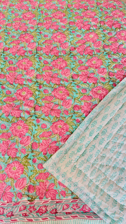 Pink Blossom Mul Mul Cotton Handblock Printed Quilt