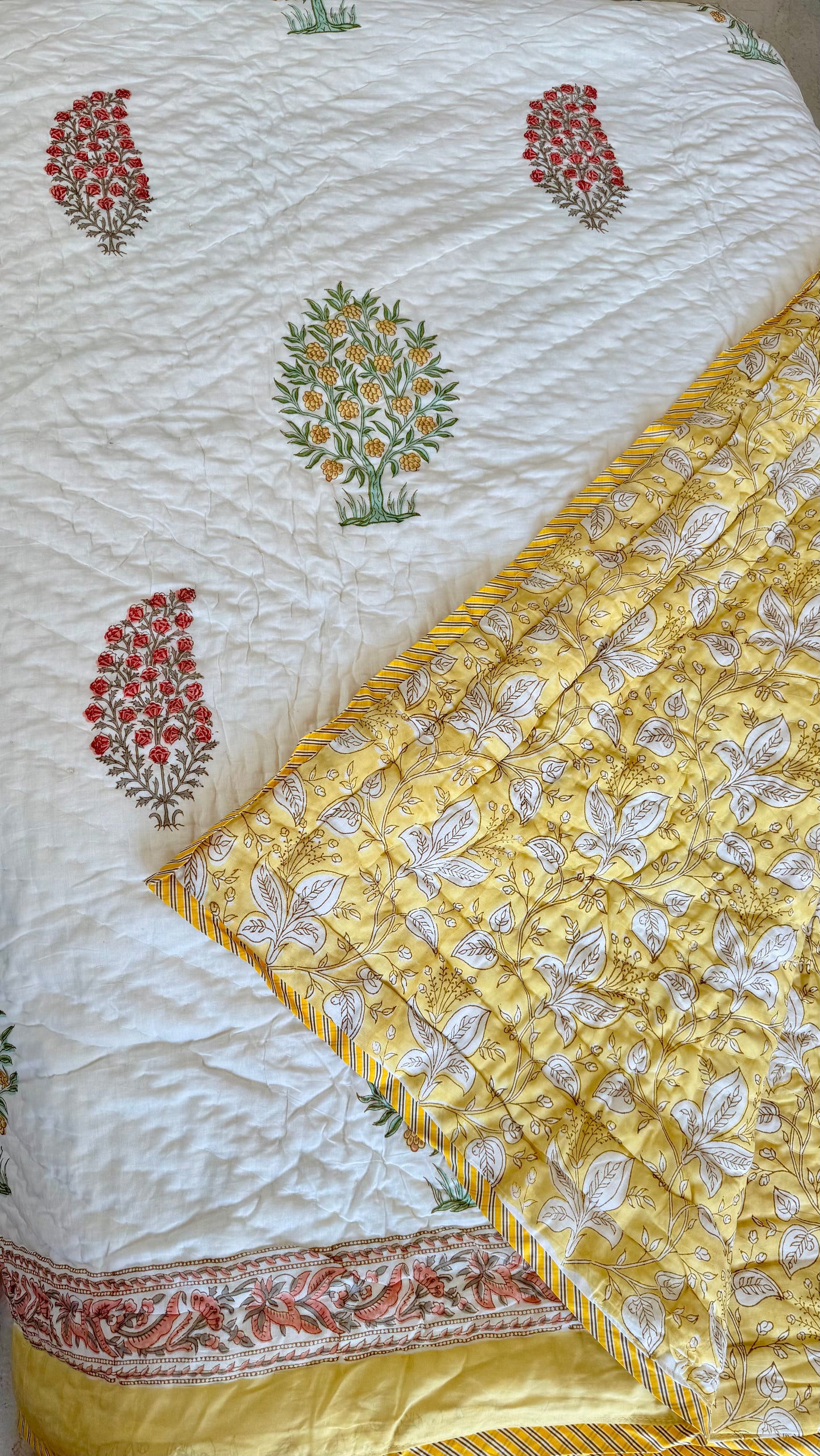 Yellow Tree Mul Mul Cotton Handblock Printed Quilt