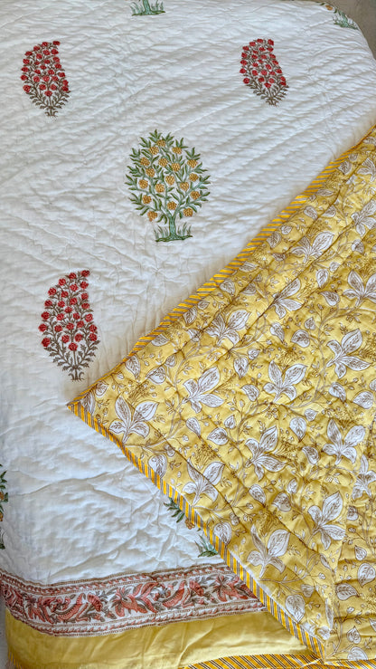 Yellow Tree Mul Mul Cotton Handblock Printed Quilt