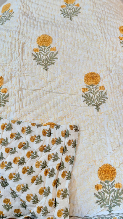 Sunlit Marigold Mul Mul Cotton Handblock Printed Quilt