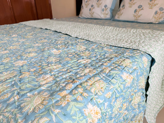 Bluebell Garden  Garden Mul Mul Cotton Handblock Printed Quilt
