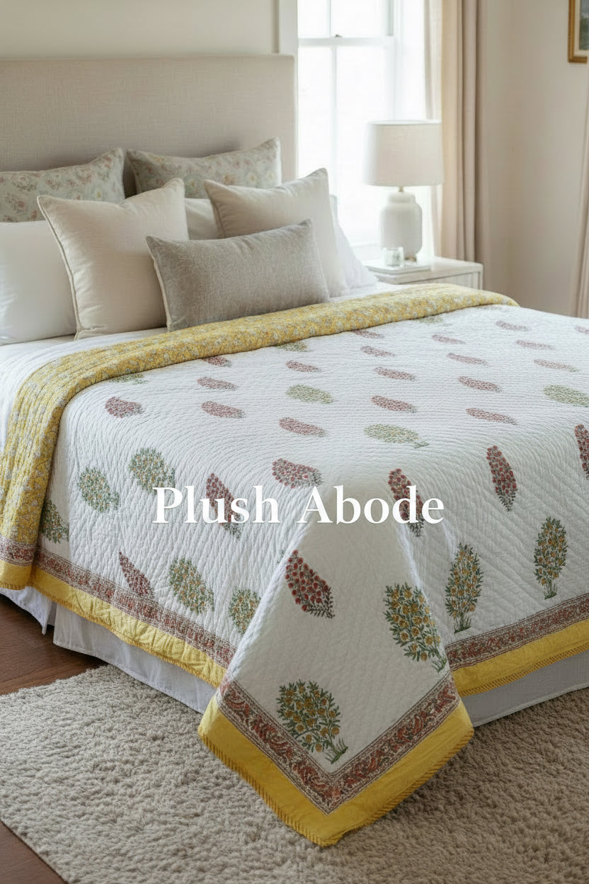 Yellow Tree Mul Mul Cotton Handblock Printed Quilt