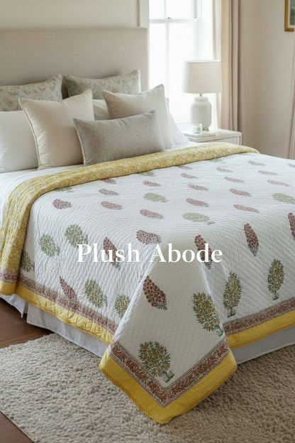 Yellow Tree Mul Mul Cotton Handblock Printed Quilt