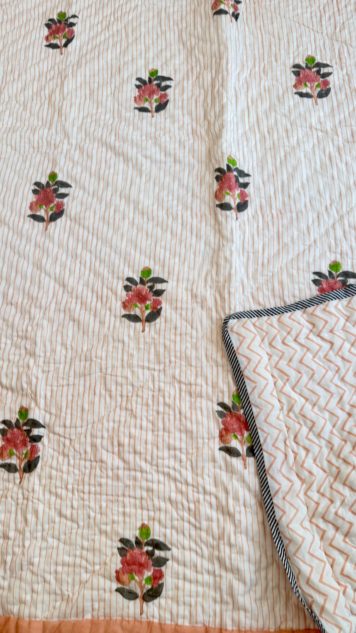 Peach Blossom Mul Mul Cotton Handblock Printed Quilt