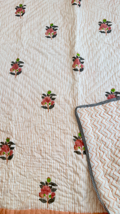 Peach Blossom Mul Mul Cotton Handblock Printed Quilt