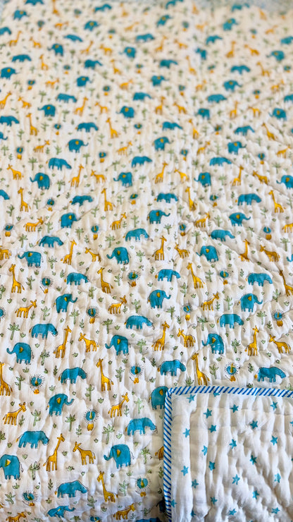 Safari Snuggles Handblock Print Mul Mul Cotton Quilt