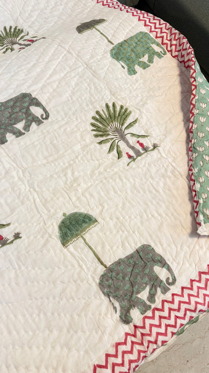 Elephant Garden Mul Mul Cotton Handblock Printed Quilt