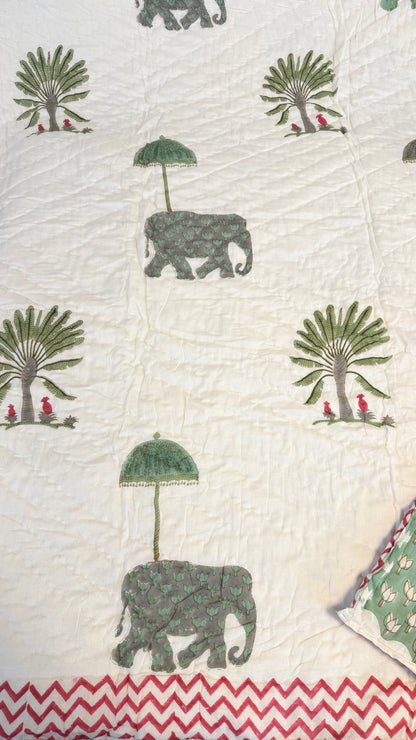 Elephant Garden Mul Mul Cotton Handblock Printed Quilt