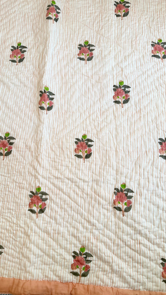 Peach Blossom Mul Mul Cotton Handblock Printed Quilt