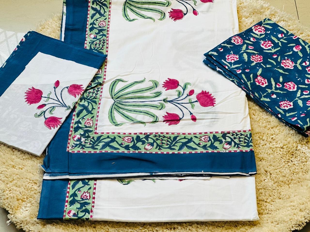 Royal Indigo Tulip Handblock Printed Cotton Bedsheet
