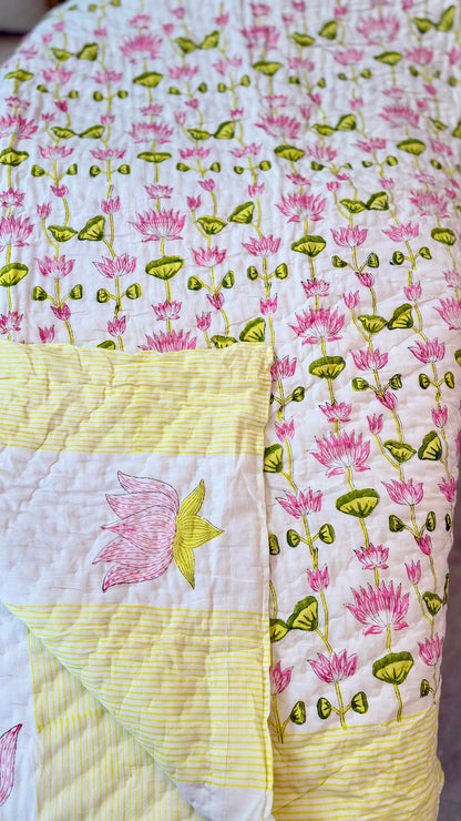 Pink Lotus Serenade Mul Mul Cotton Handblock Printed Quilt