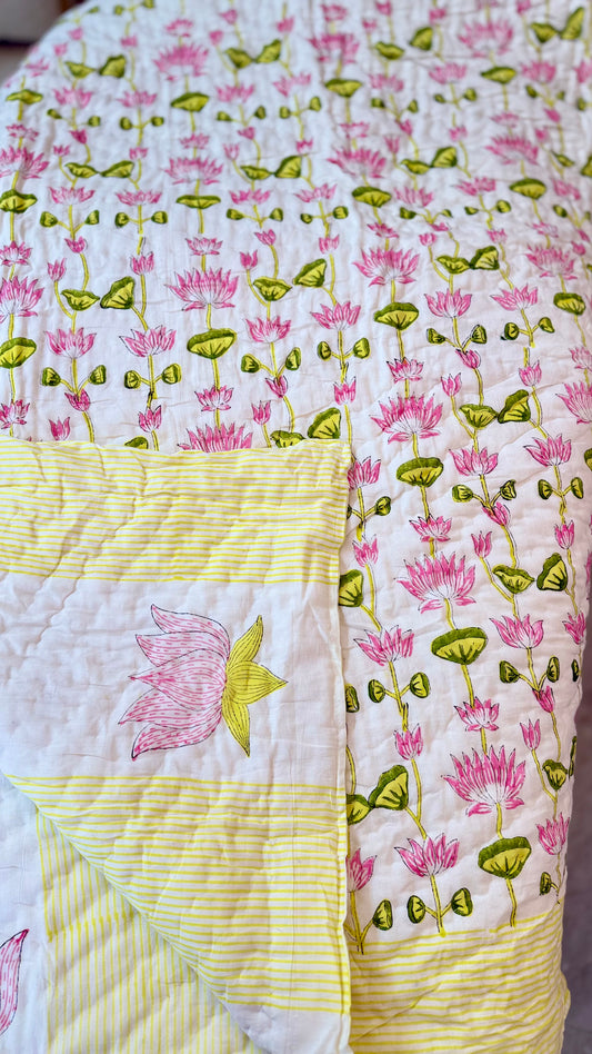 Pink Lotus Serenade Mul Mul Cotton Handblock Printed Quilt