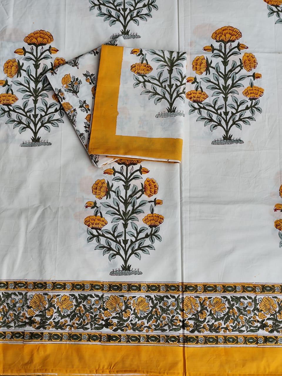 Yellow Marigold Heritage Handblock Printed Cotton Bedsheet