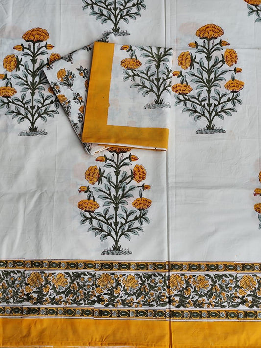 Yellow Marigold Heritage Handblock Printed Cotton Bedsheet