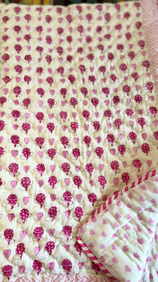 Candy Hearts Handblock Print Mul Mul Cotton Quilt