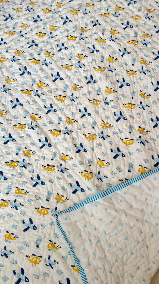 Air Adventure- Handblock Print Mul Mul cotton Quilt