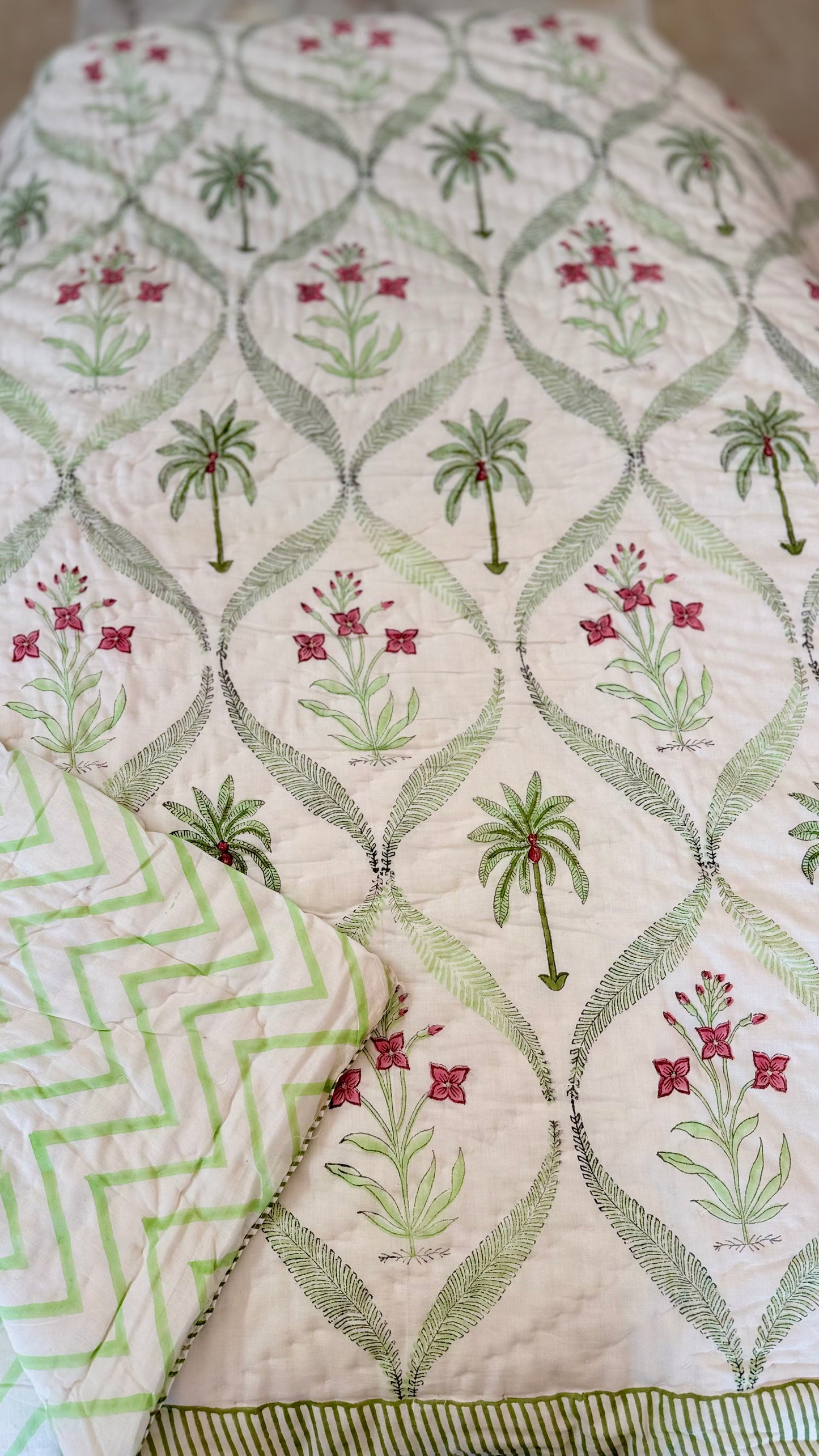 Tropical Palm Grove Mul Mul Cotton Handblock Printed Quilt