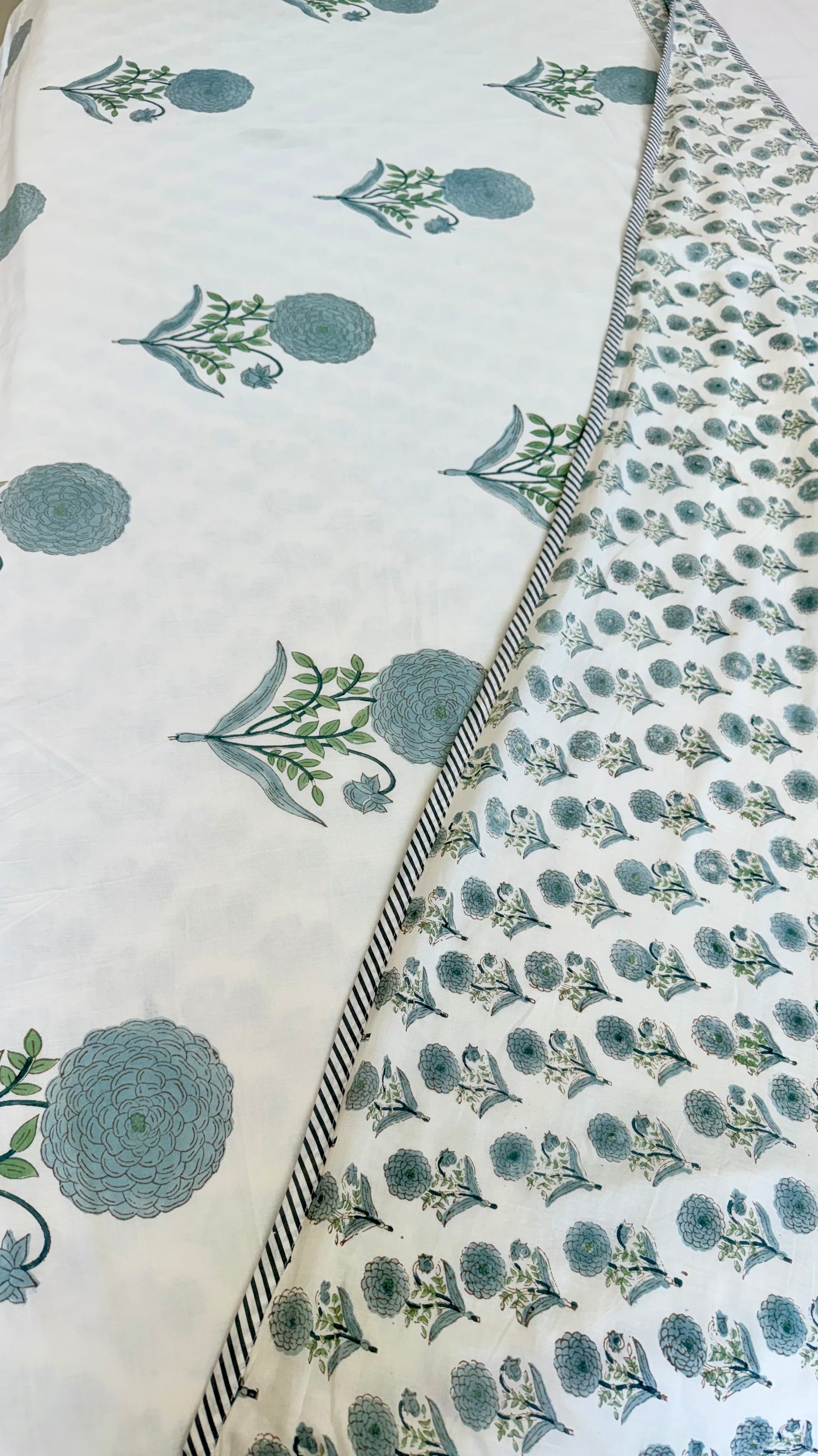 Mint Chrysanthemum Mul Mul Cotton Handblock Printed Dohar