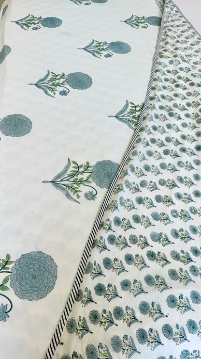 Mint Chrysanthemum Mul Mul Cotton Handblock Printed Dohar