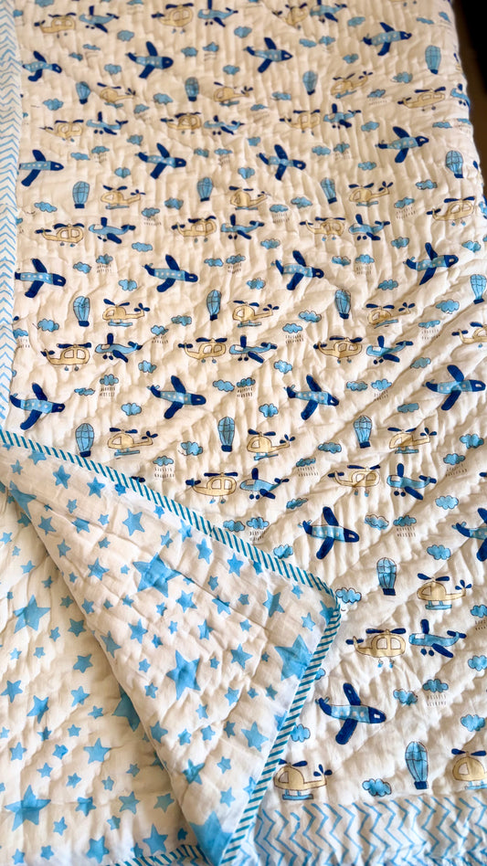 Sky Explorer Handblock Print Mul Mul Cotton Quilt