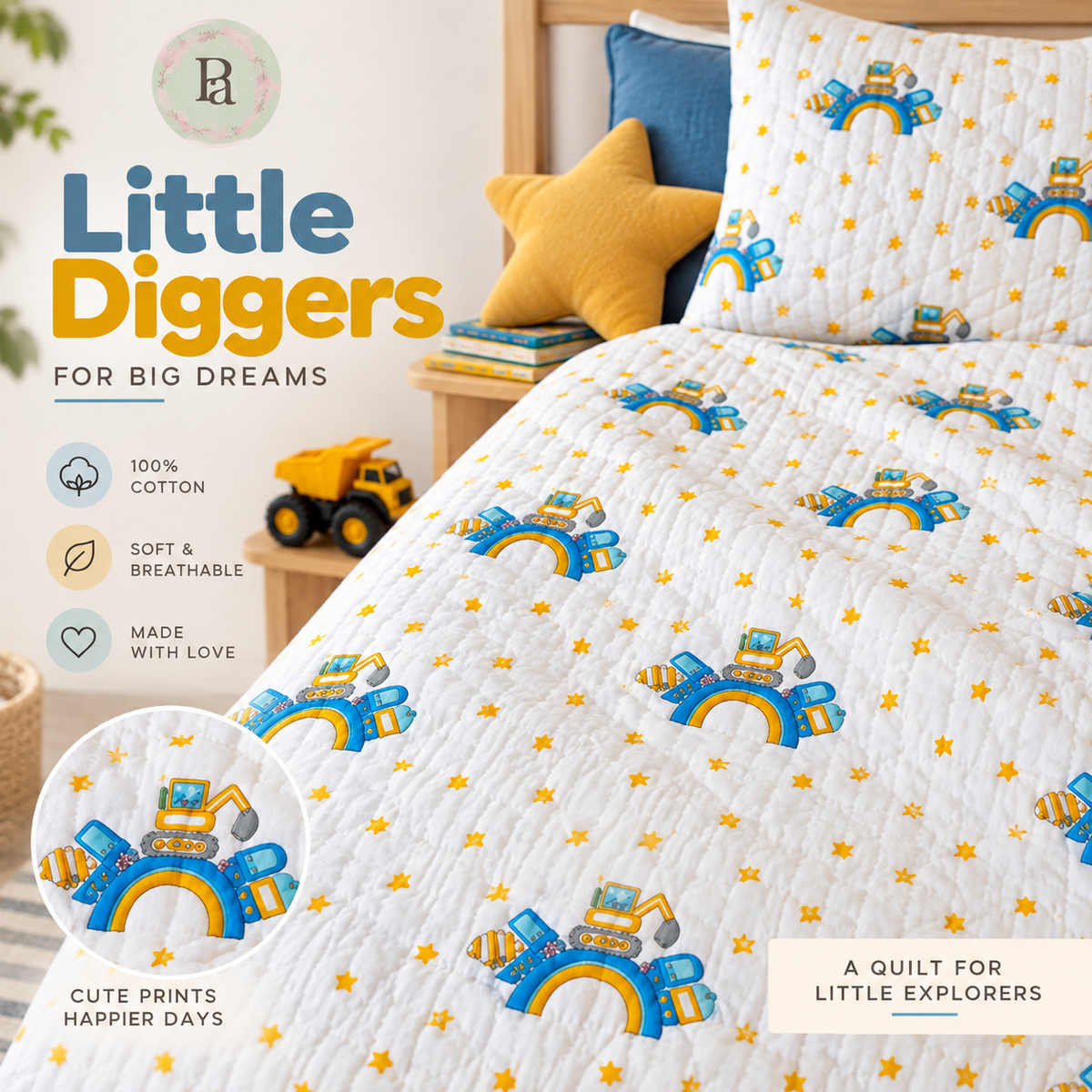 Little Diggers- Handblock Print Mul Mul cotton Quilt