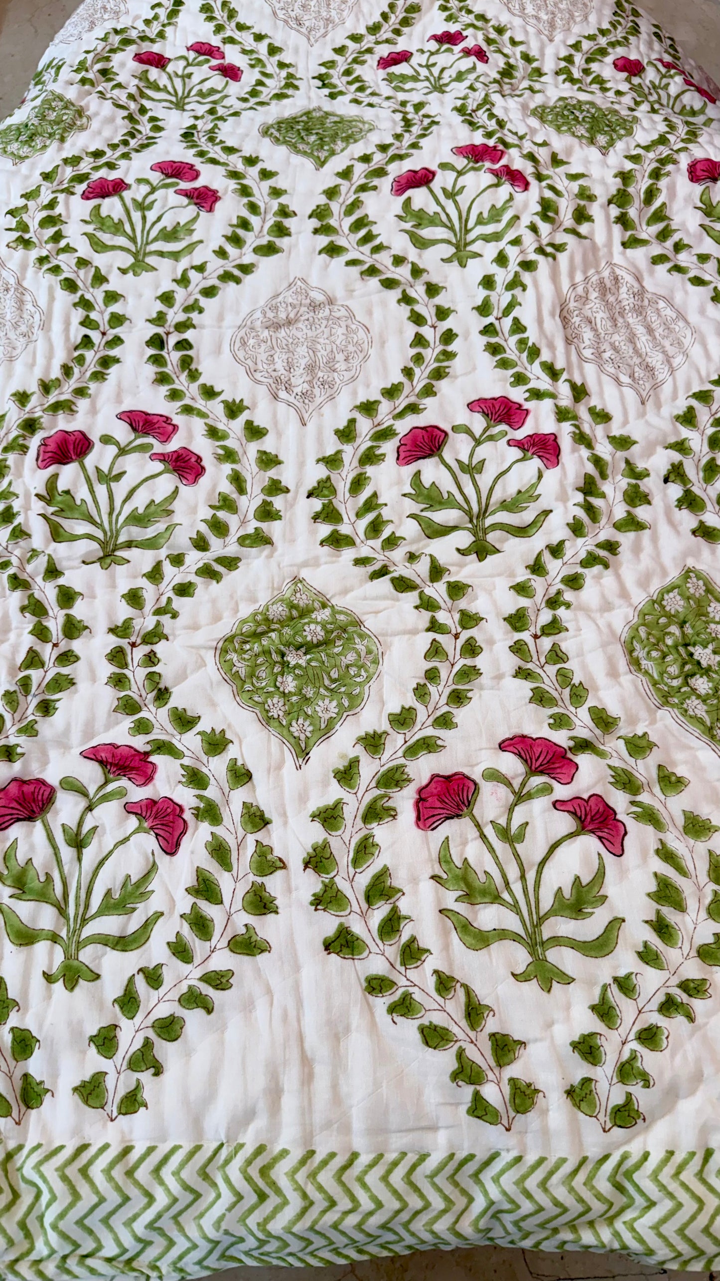 Rose Vine Heritage Mul Mul Cotton Handblock Printed Quilt