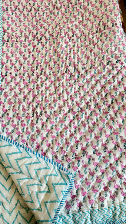 Flamingo Bliss Handblock Print Mul Mul Cotton Quilt