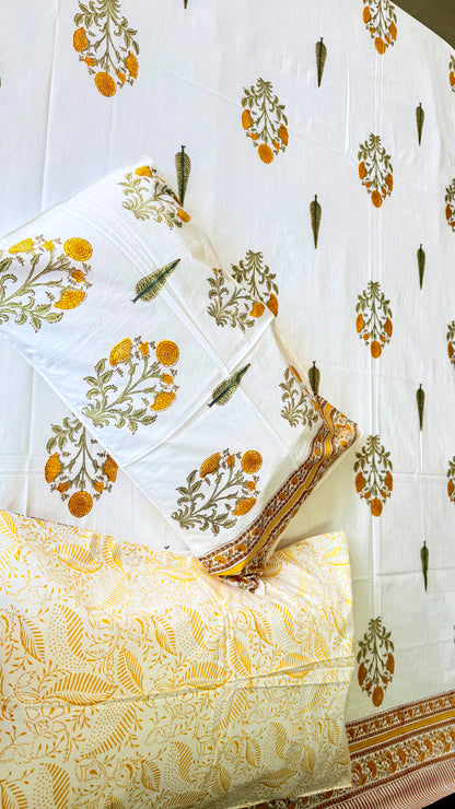 Yellow Bloom Handblock Printed Cotton Bedsheet