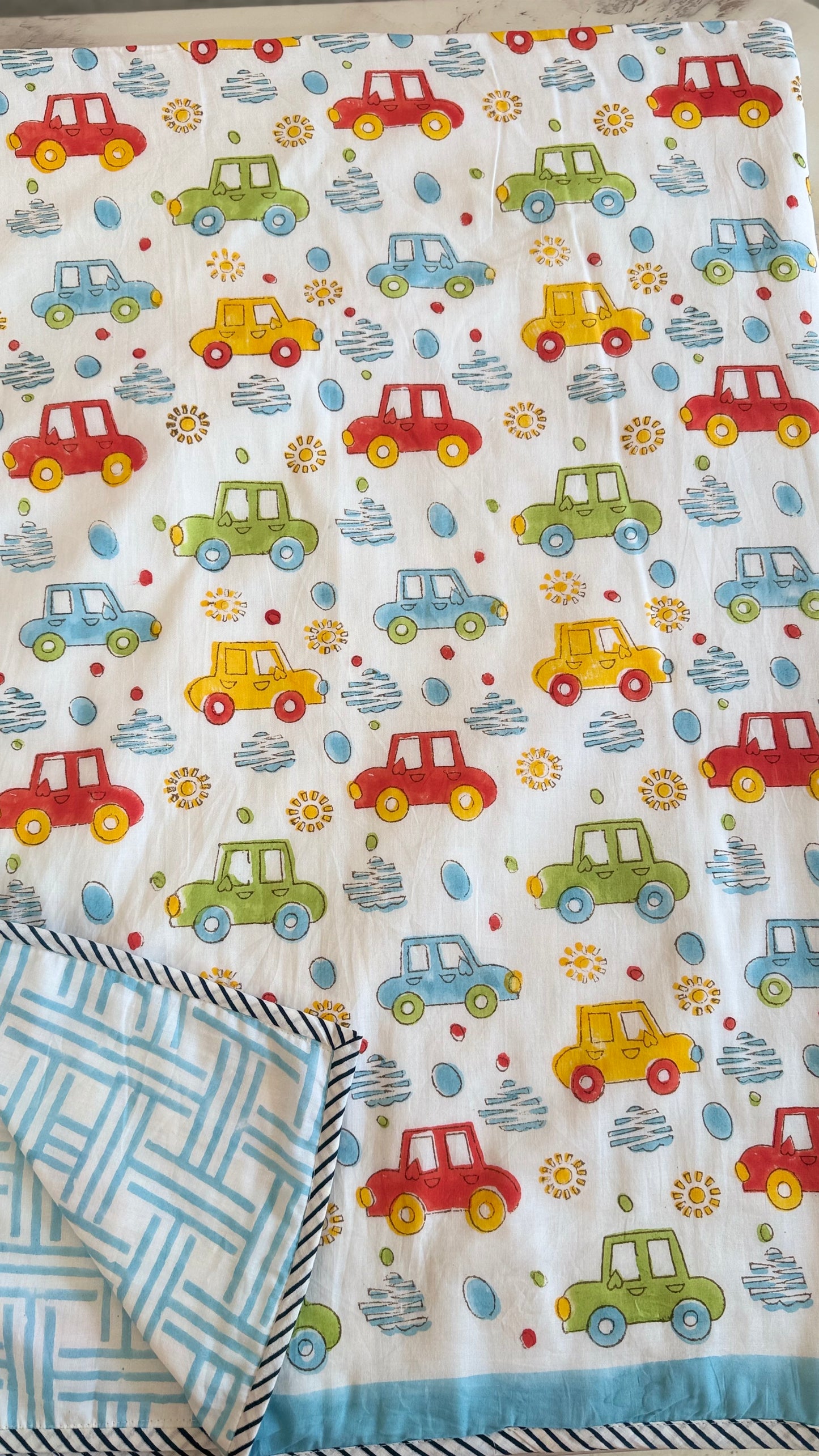 Tiny wheels wonderland– Handblock Print Mul Mul Cotton Dohar